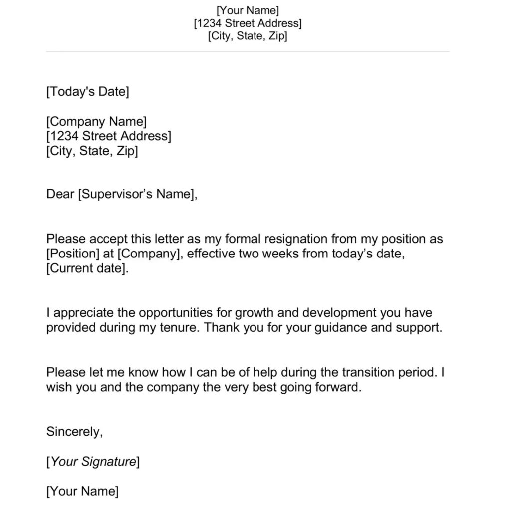 Formal letter of resignation template